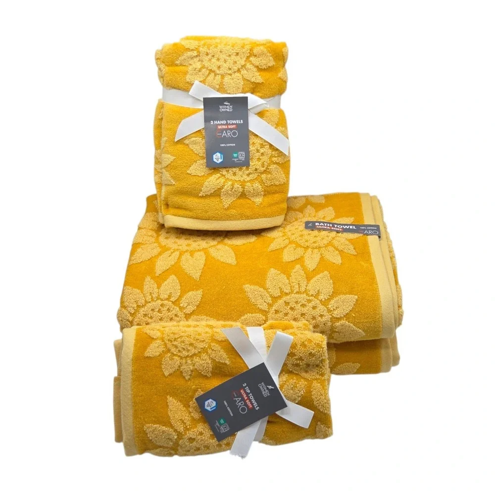 Caro Home Mustard Yellow Sunflower Cotton Towel Set 6pc Fall Harvest Collection